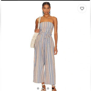 Free People Roaming Shores Cotton One Piece Jumpsuit Blue Combo XS Boho Beachy